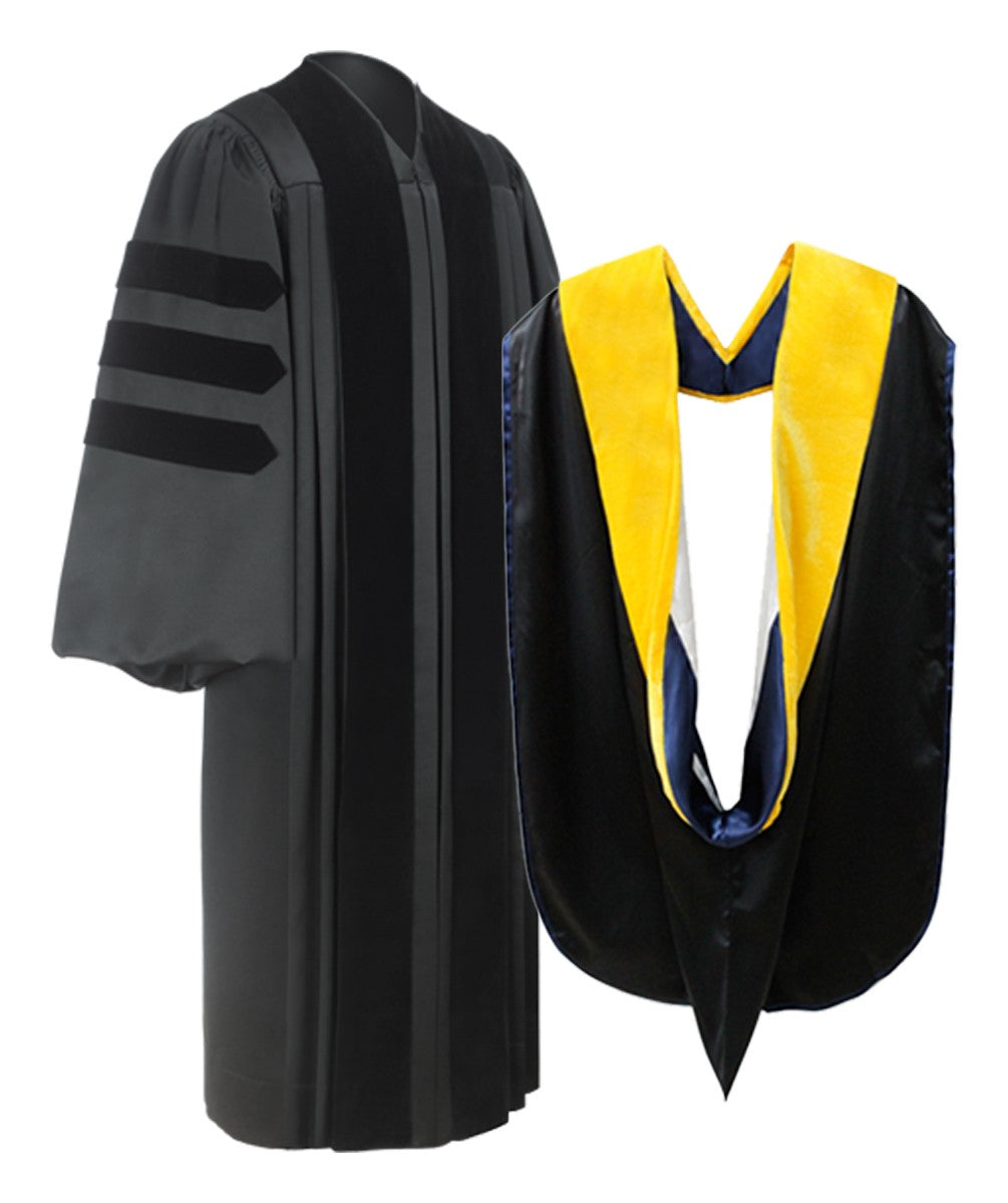 doctorate graduation dress Premium Black PhD Gown, Tam, & Hood Regalia Set Large (5'10"-6'0") Black / Large/X-Large (7 1/8 to 7 5/8) / Yellow & Black Product Details Handmade to the specifications of Virginia academic regalia University Graduation Dress Arizona State