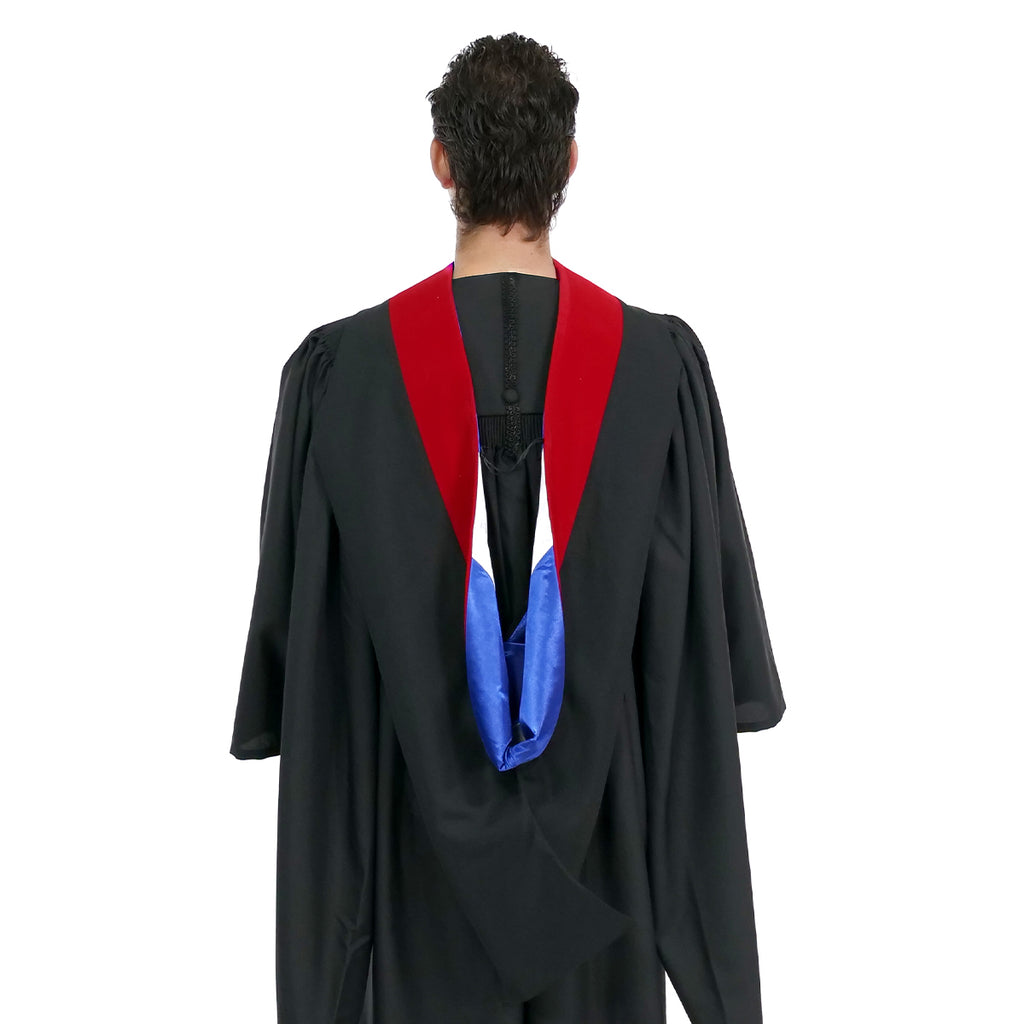 Deluxe Bachelors/Master Hood - Scarlet Velvet, Royal Blue & White