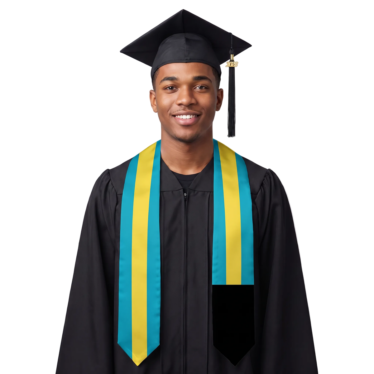 Bahamas graduation stole, white satin sash with embroidered Bahamas flag patch
