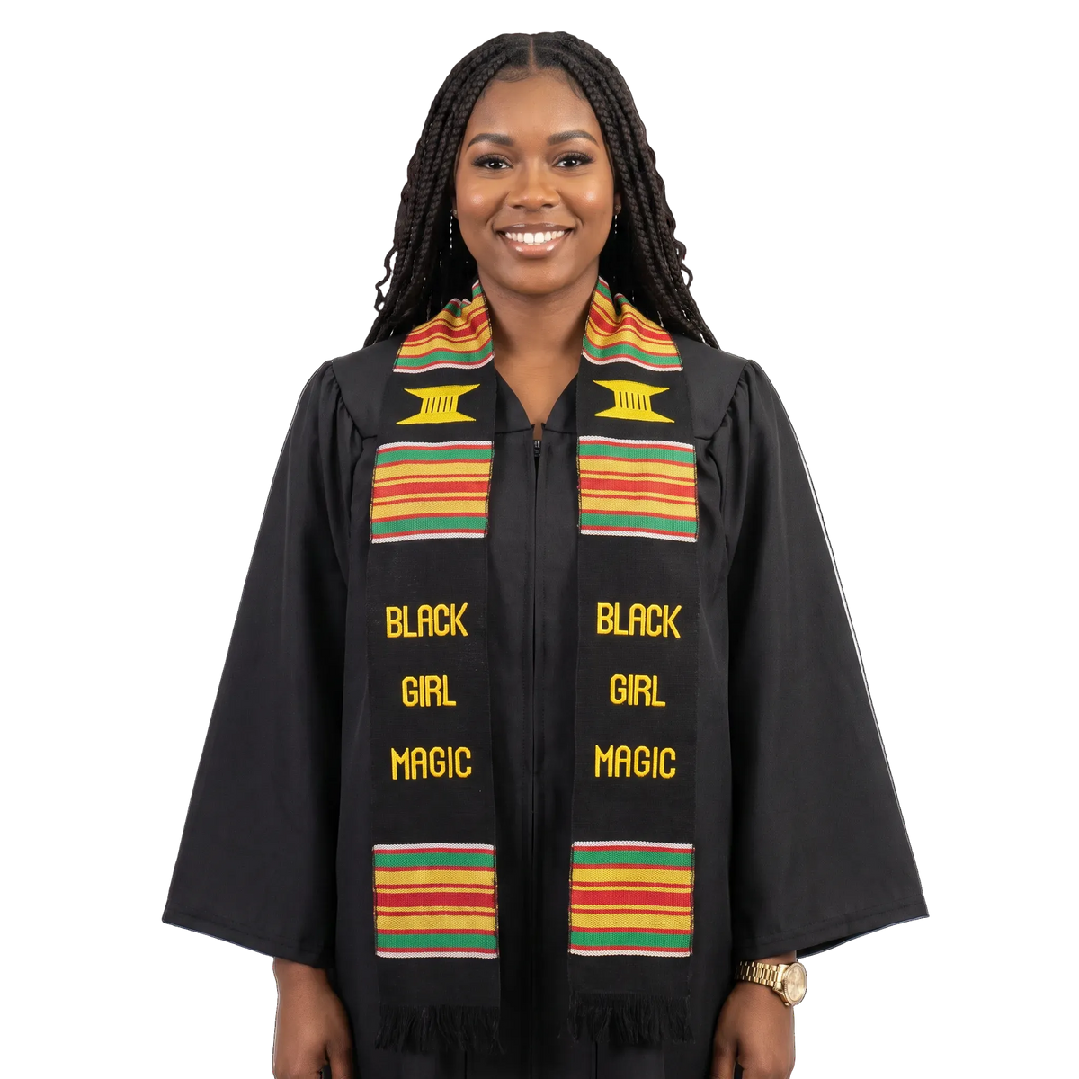 Graduate wearing a Black Girl Magic kente graduation stole with multicolored stripes and fringe over a gold cap and gown.
