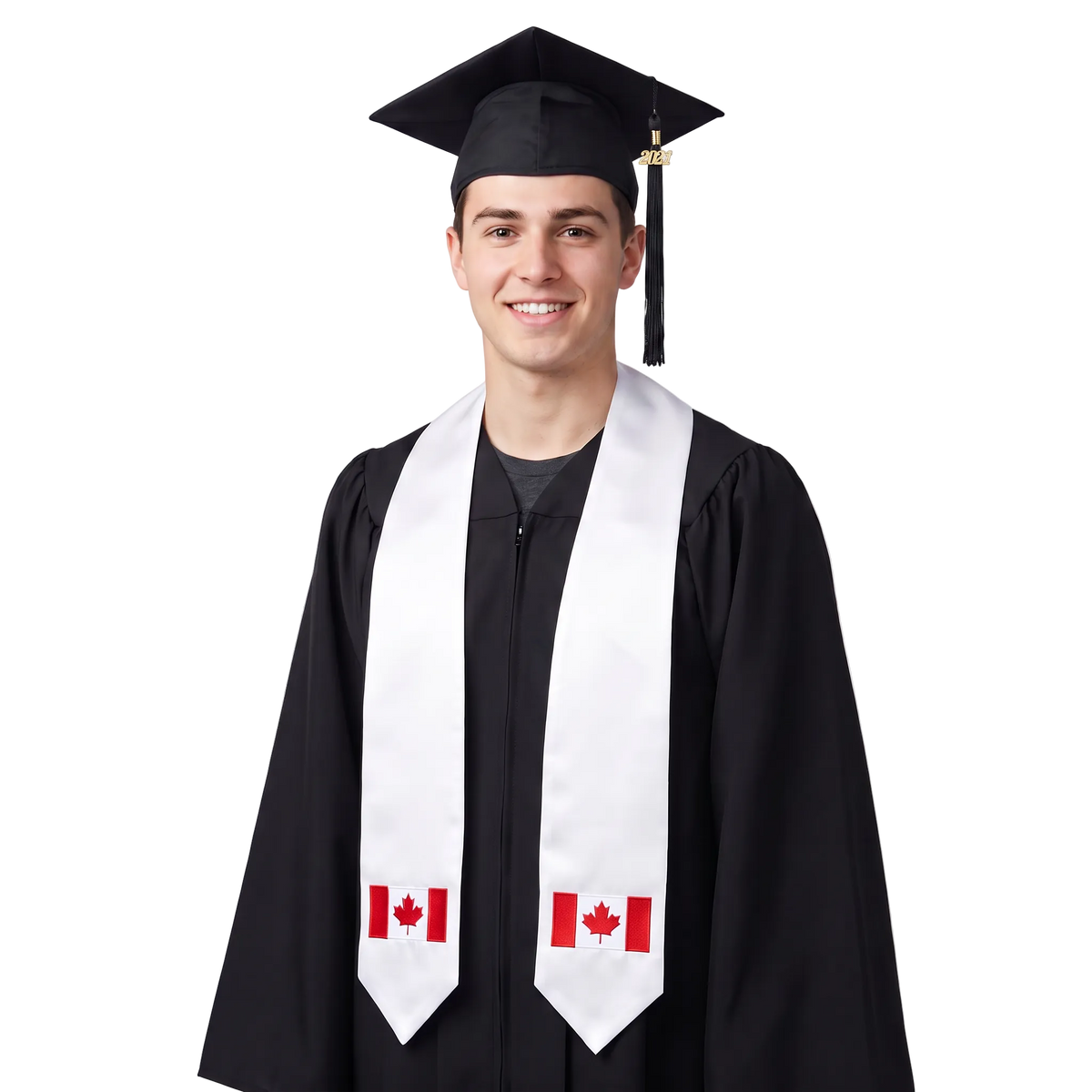 Canada graduation stole, white satin sash with embroidered Canadian flag patch
