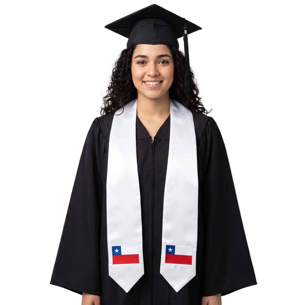 Chile graduation stole, white satin sash with embroidered Chile flag patch
