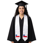 Chile graduation stole, white satin sash with embroidered Chile flag patch
