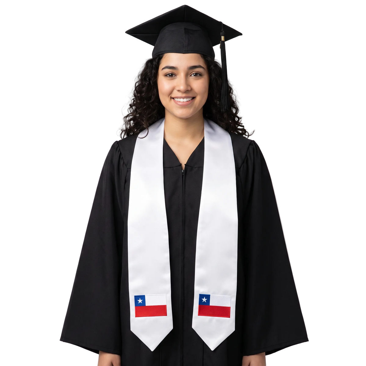 Chile graduation stole, white satin sash with embroidered Chile flag patch

