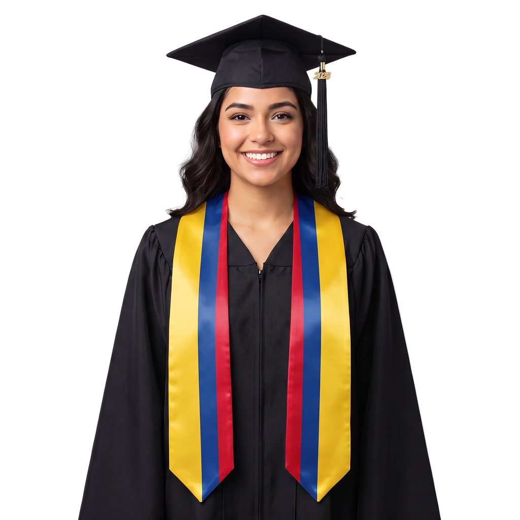 Colombia graduation stole, white satin sash with Colombia flag
