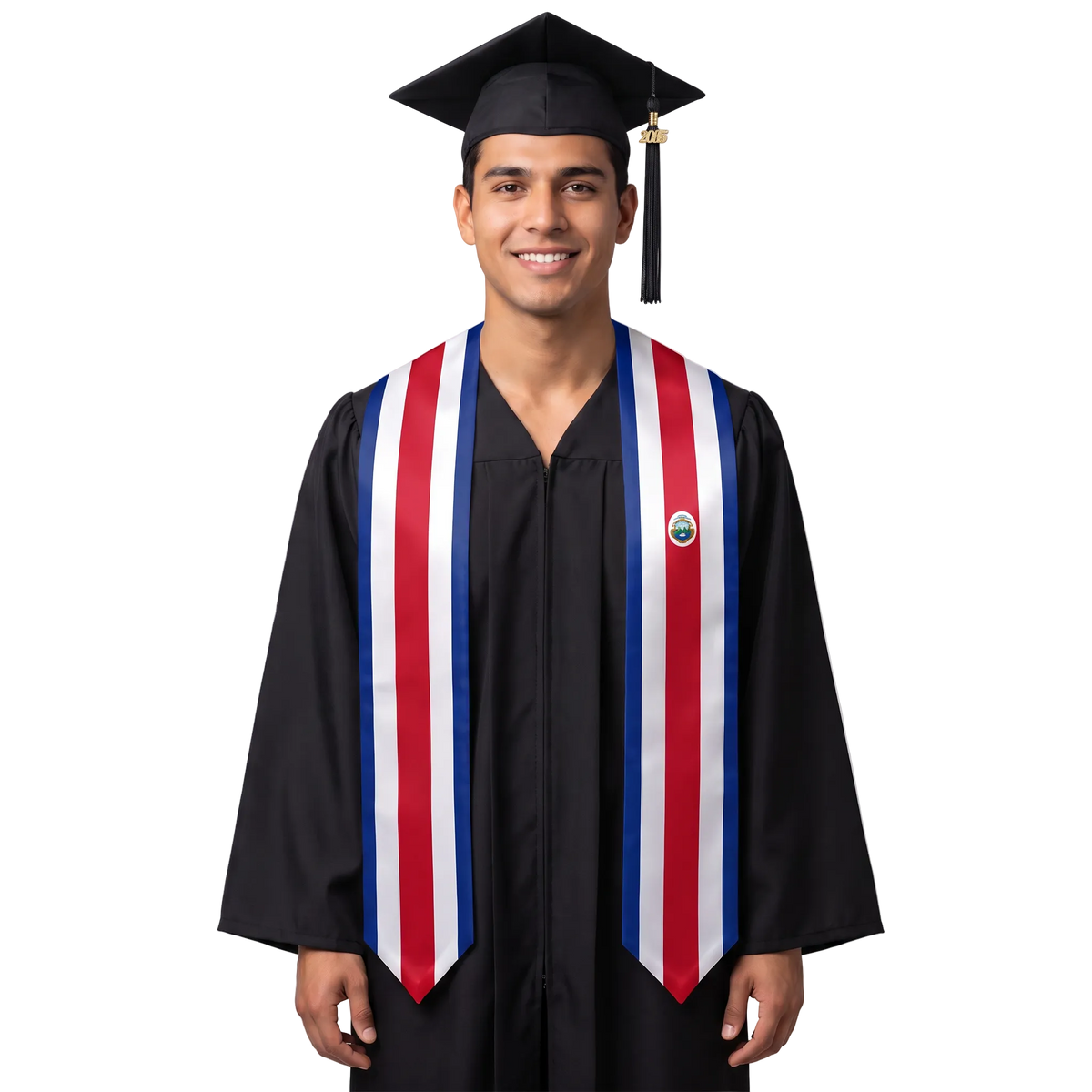 Costa Rica graduation stole, white satin sash with embroidered Costa Rica flag patch

