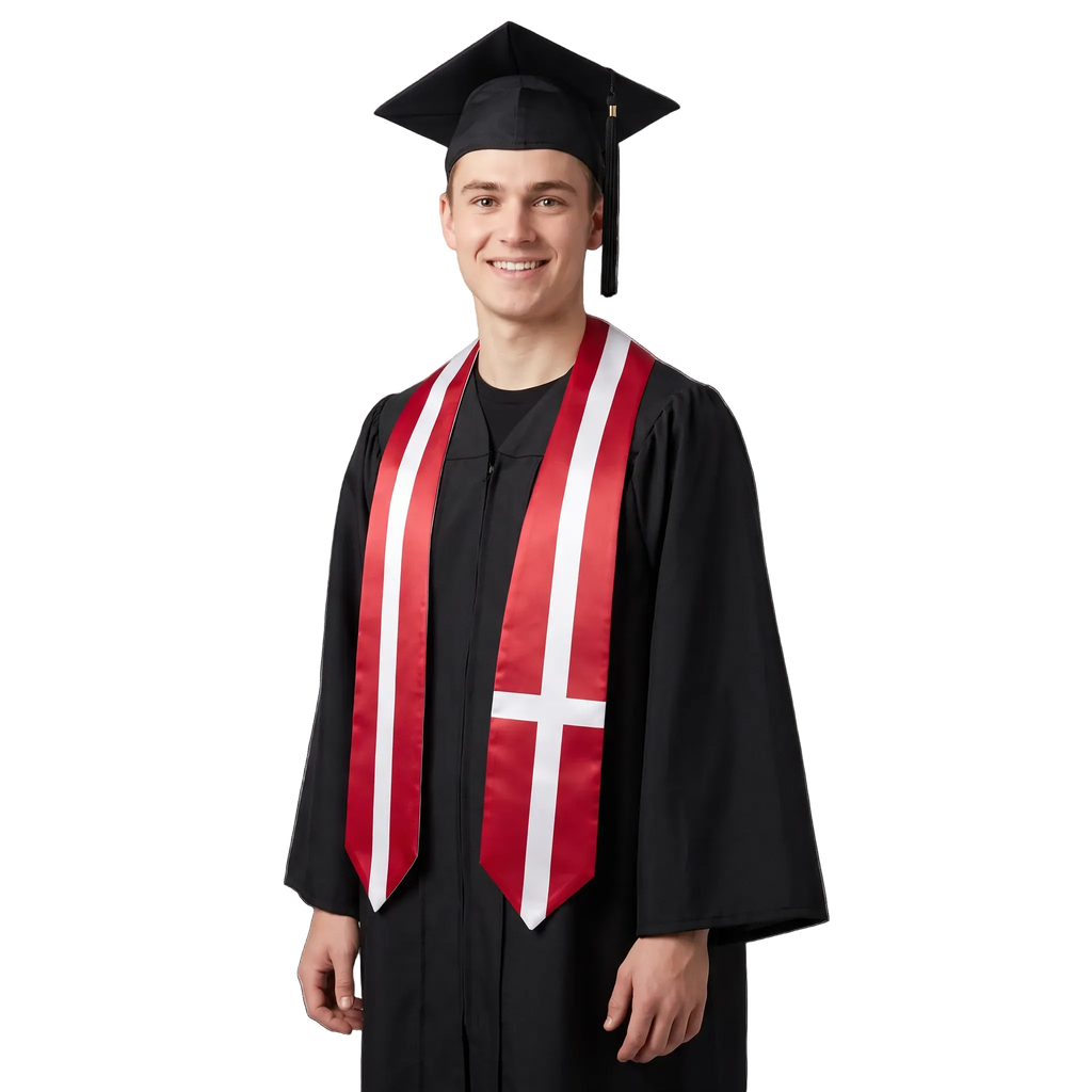 Denmark flag graduation stole, satin sash with printed Danish flag
