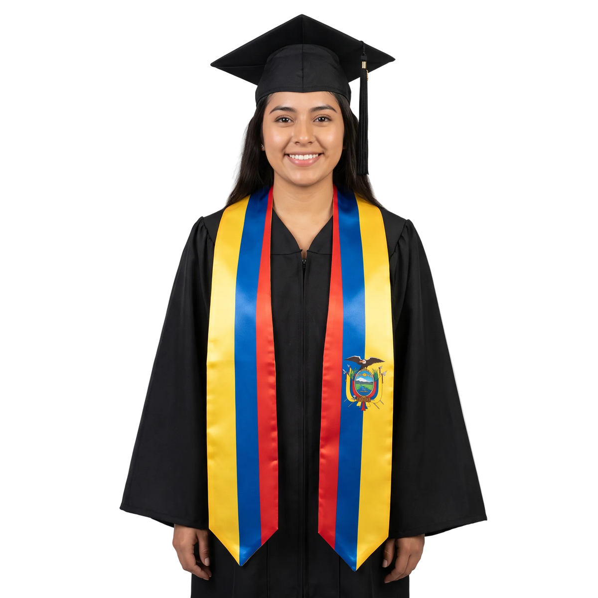 Ecuador flag graduation stole, white satin sash with printed Ecuador flag
