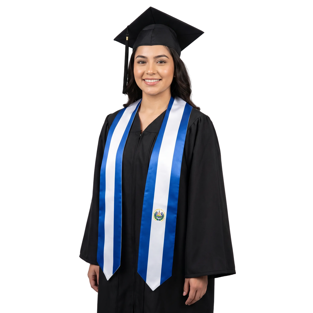 El Salvador graduation stole, white satin sash with embroidered El Salvador flag patch
