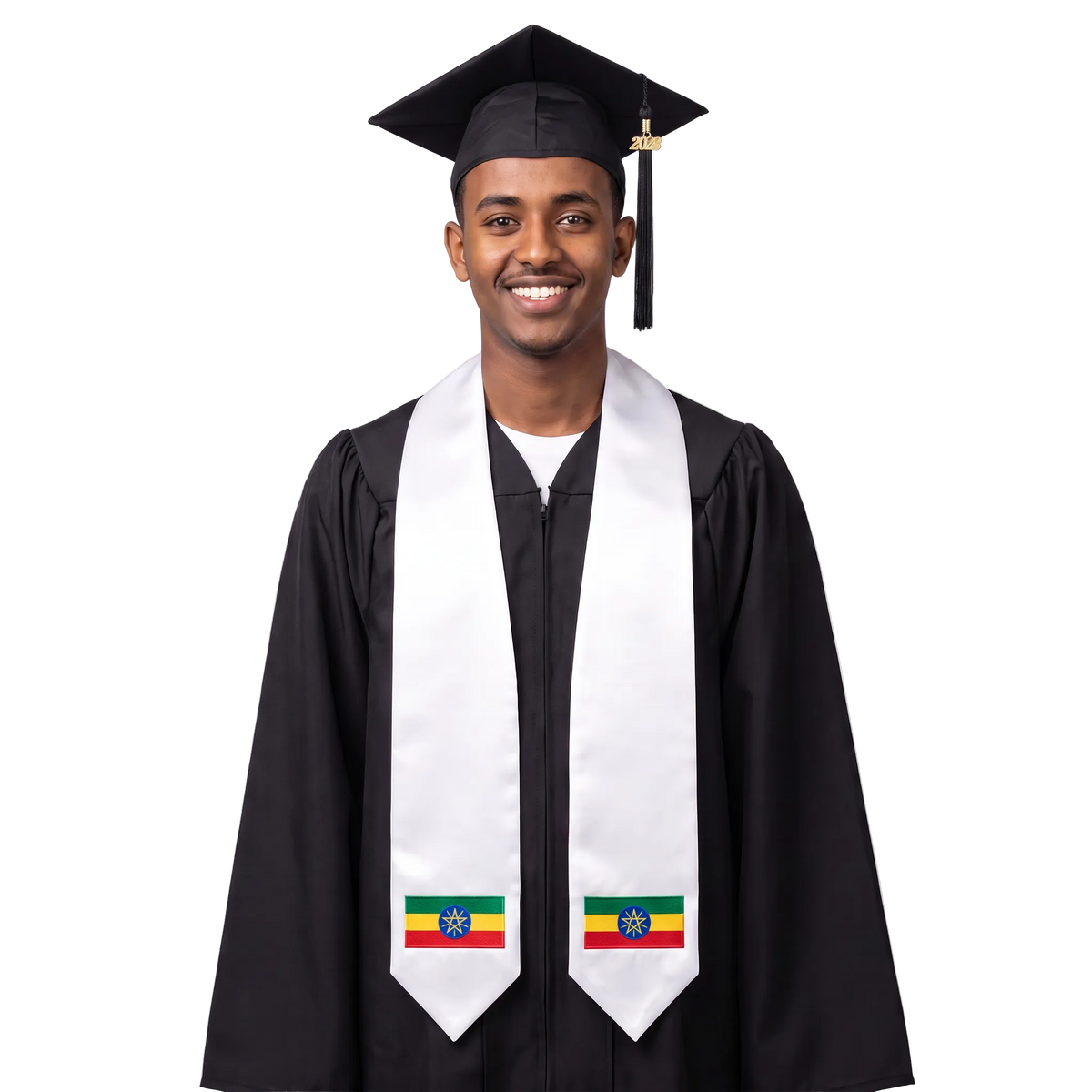 Ethiopia graduation stole, white satin sash with embroidered Ethiopia flag patch

