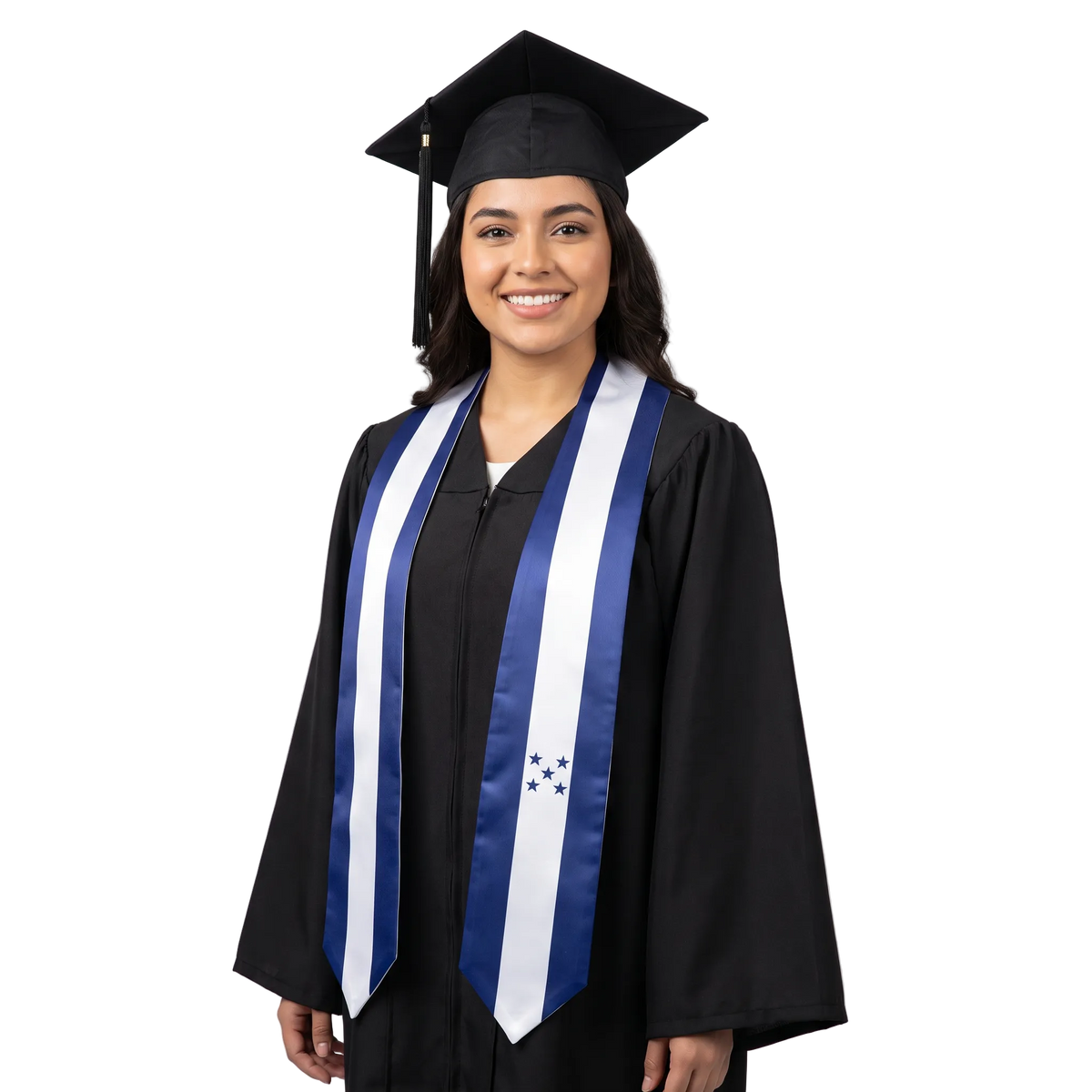 Honduras graduation stole, white satin sash with embroidered Honduras flag patch
