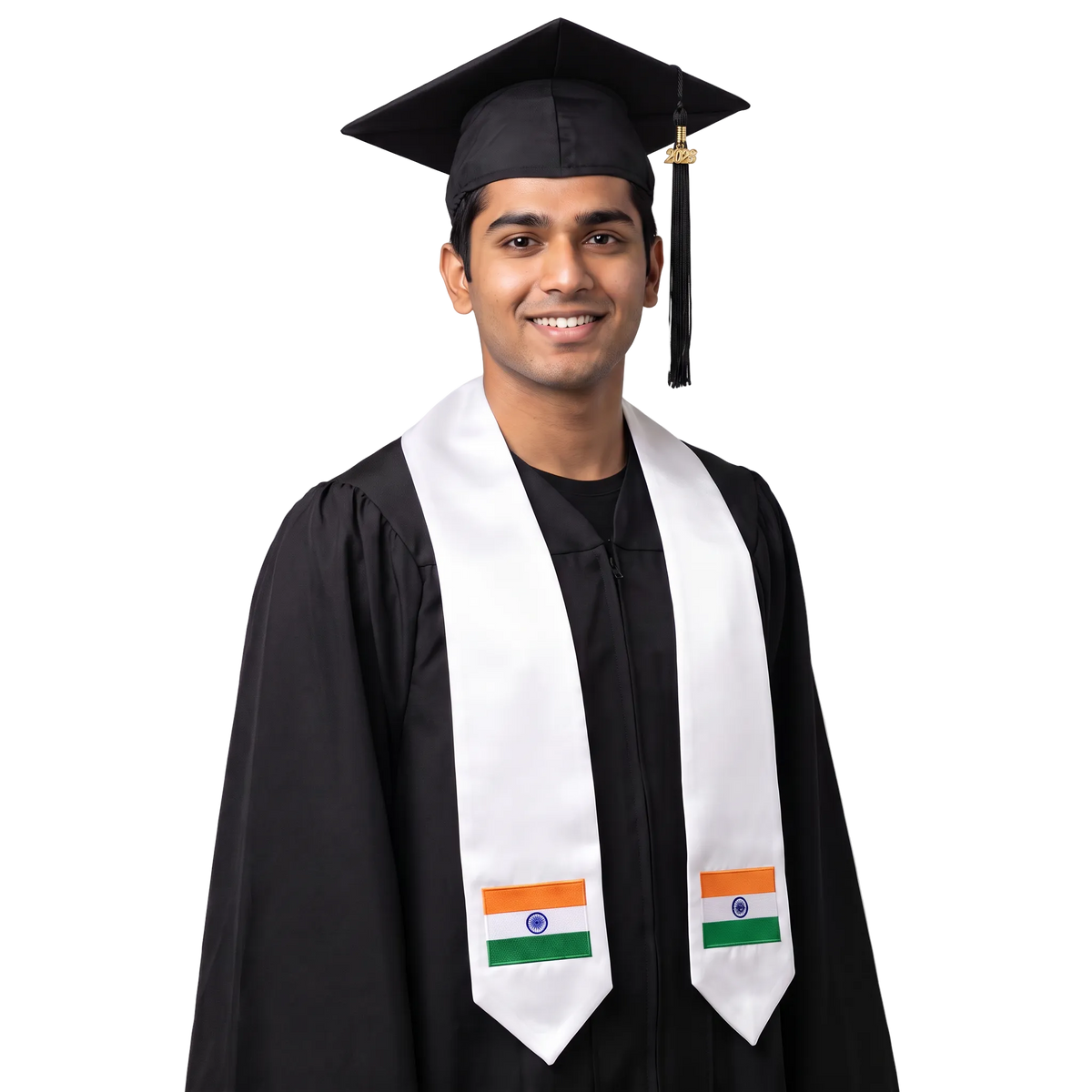 India graduation stole, white satin sash with embroidered India flag patch
