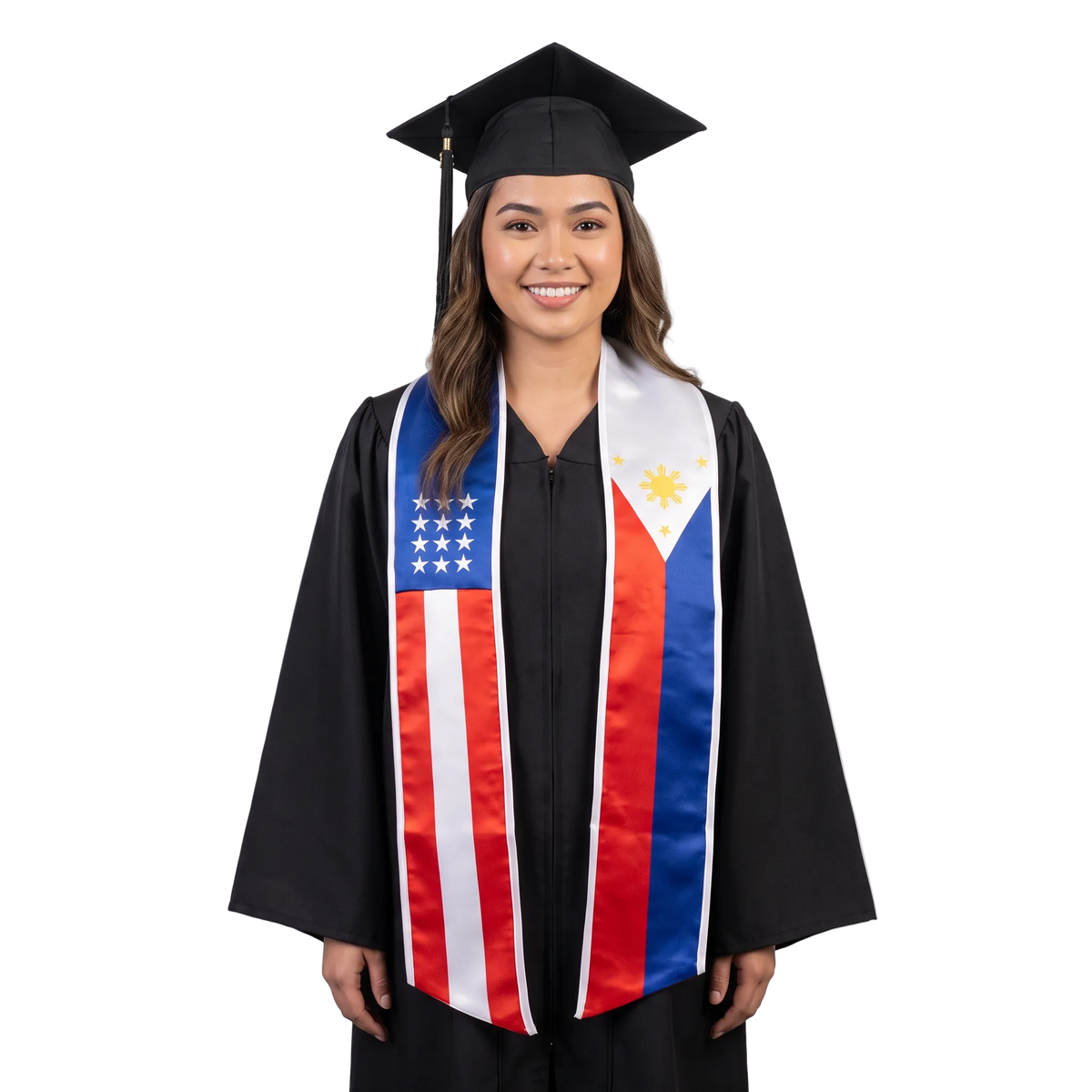 Mixed USA and Philippines flag graduation stole, satin sash with both flags printed

