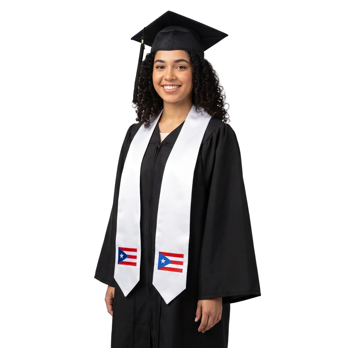 Puerto Rico graduation stole, white satin sash with embroidered Puerto Rico flag patch
