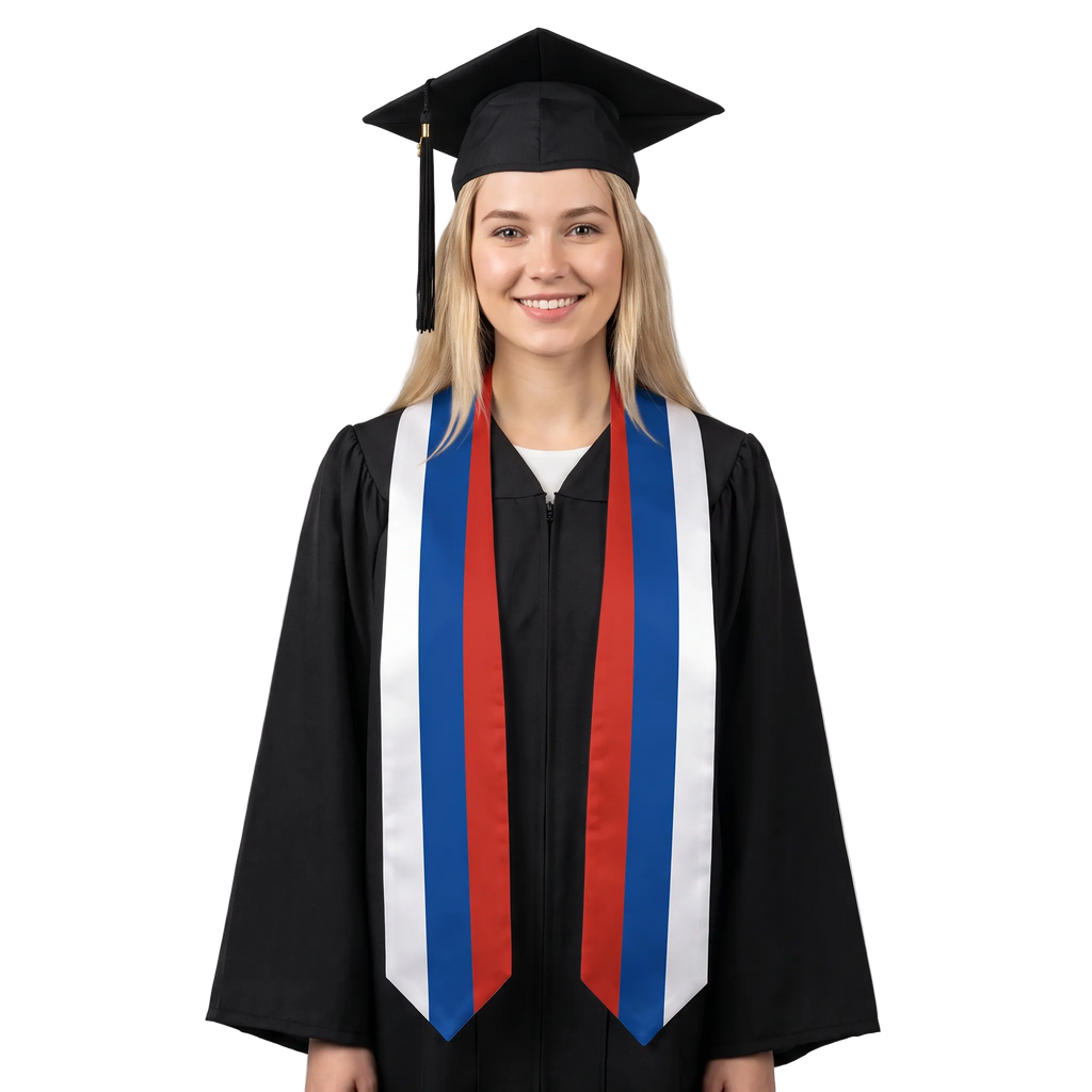 Russia graduation stole, white satin sash with embroidered Russia flag patch
