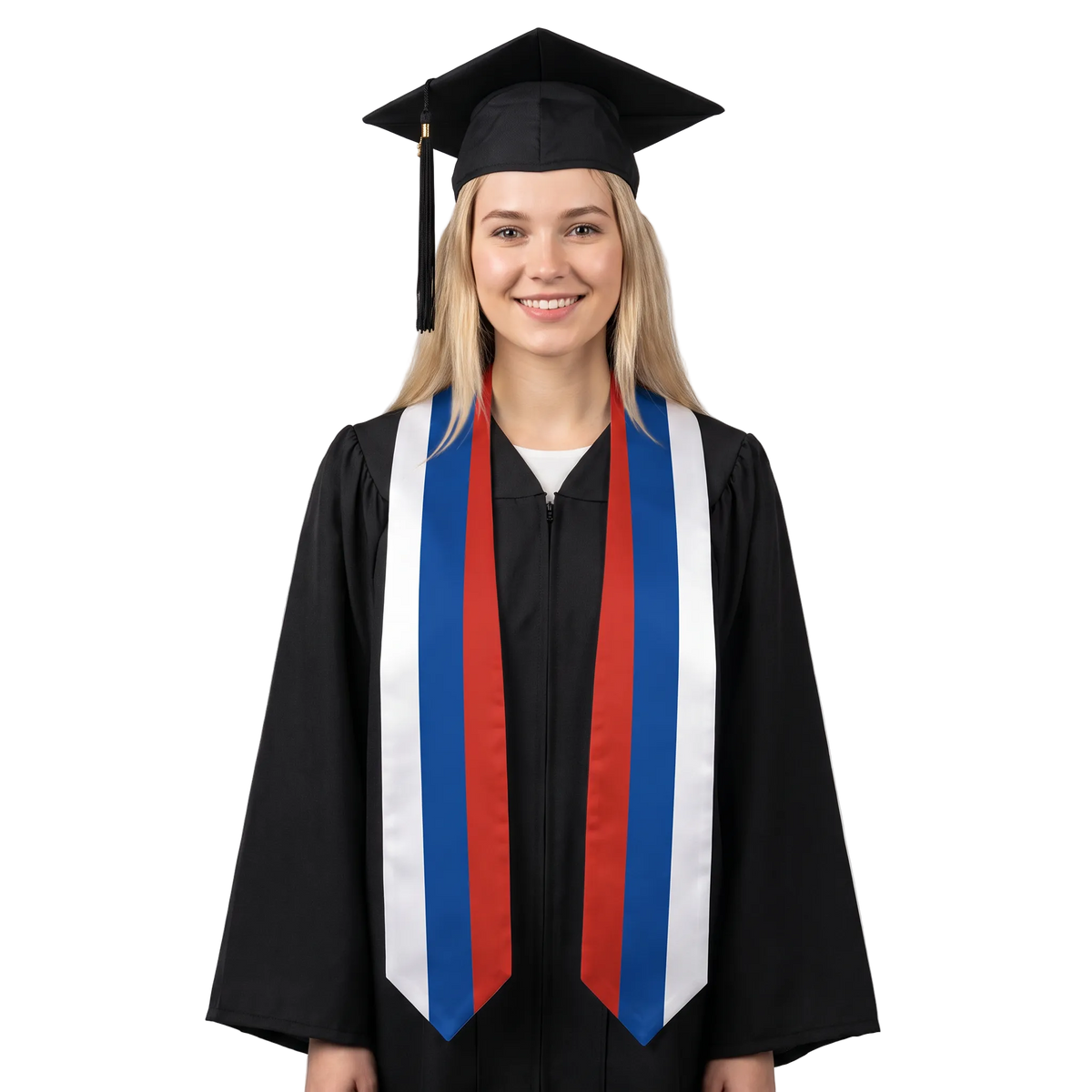 Russia graduation stole, white satin sash with embroidered Russia flag patch

