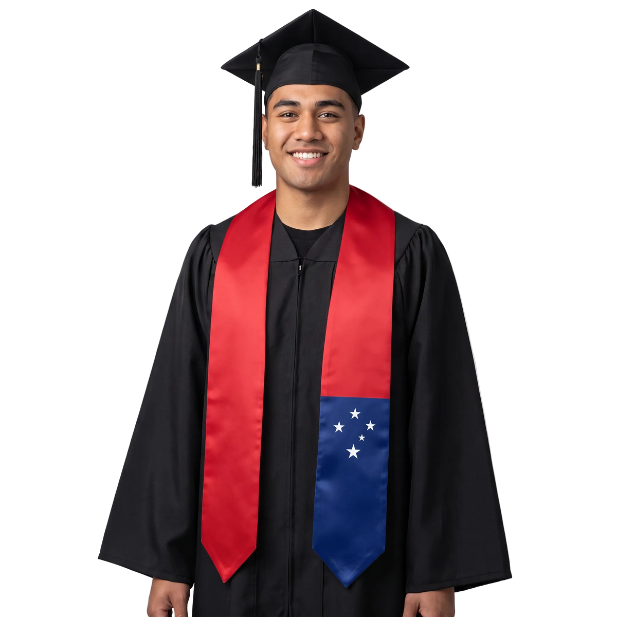 Samoa graduation stole, white satin sash with embroidered Samoa flag patch
