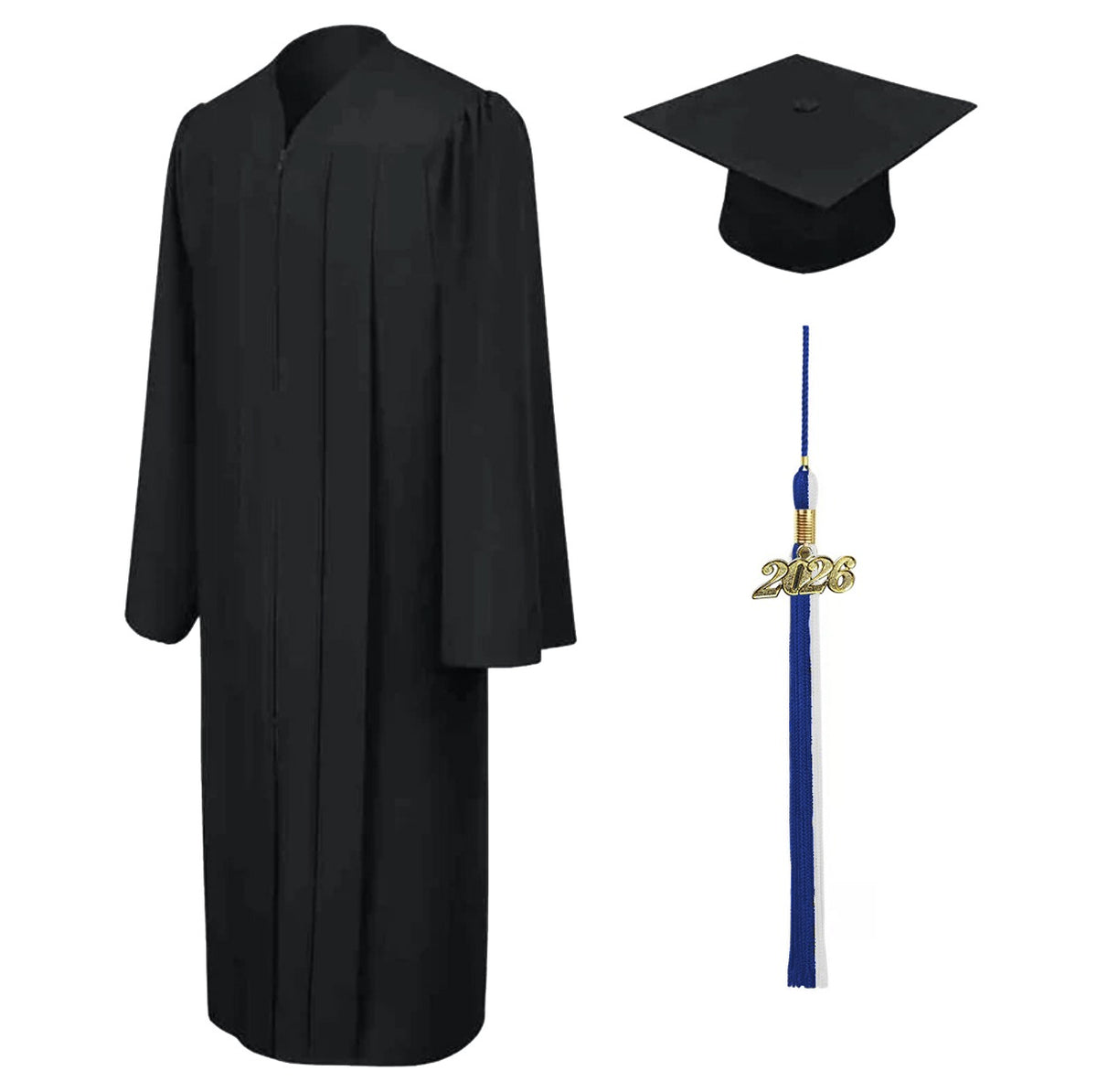 Matte Black Cap, Gown & Royal Blue/White Tassel with option to add Stole - BS Nursing for Angeles University