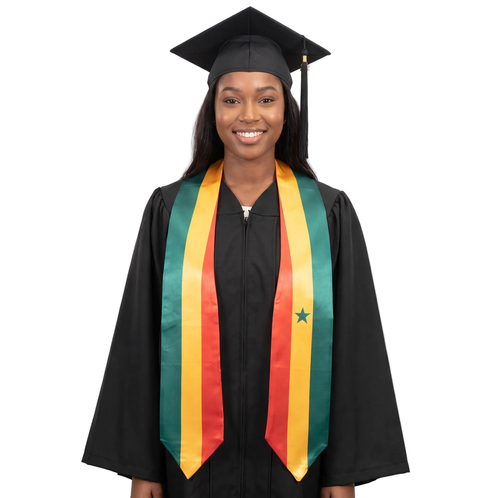 Senegal graduation stole, white satin sash with embroidered Senegal flag patch
