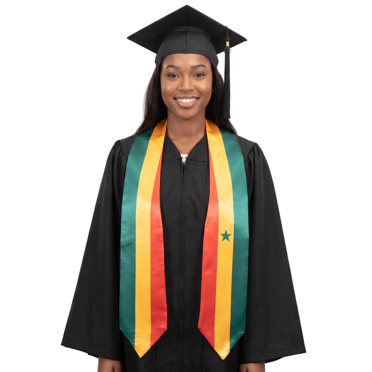 Senegal graduation stole, white satin sash with embroidered Senegal flag patch
