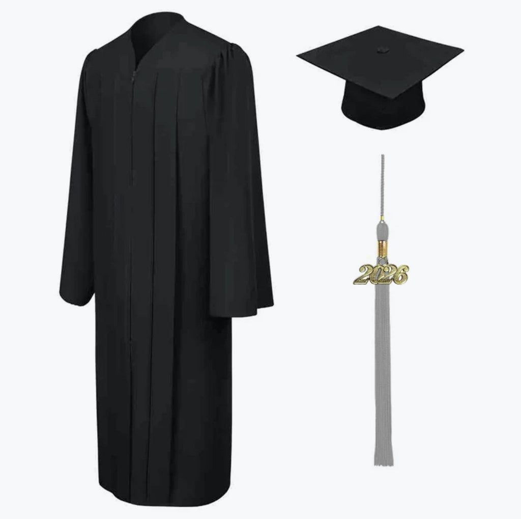 Matte Black Cap, Gown & Silver Tassel - Vocational Nursing for Angeles University