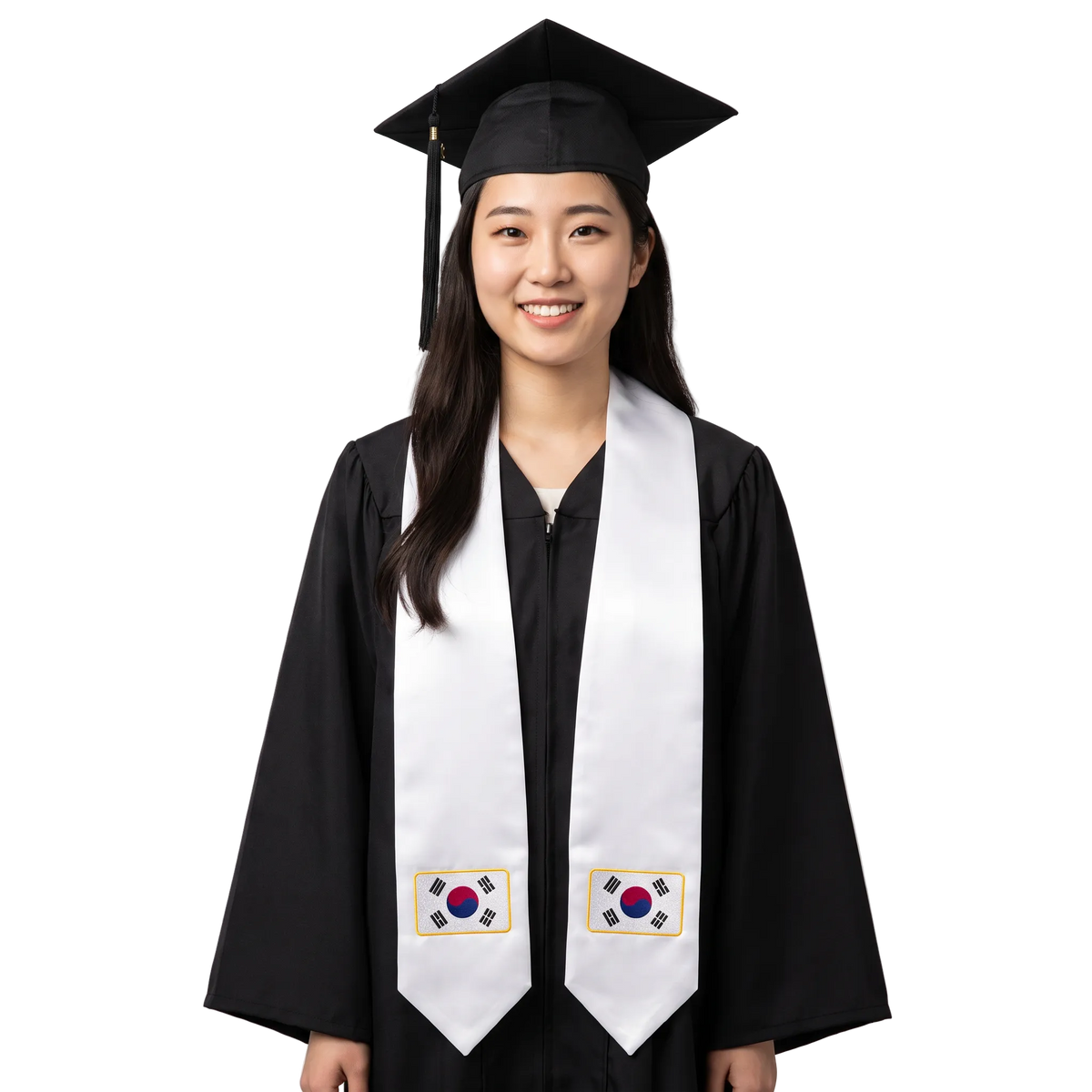 South Korea graduation stole, white satin sash with embroidered South Korea flag patch
