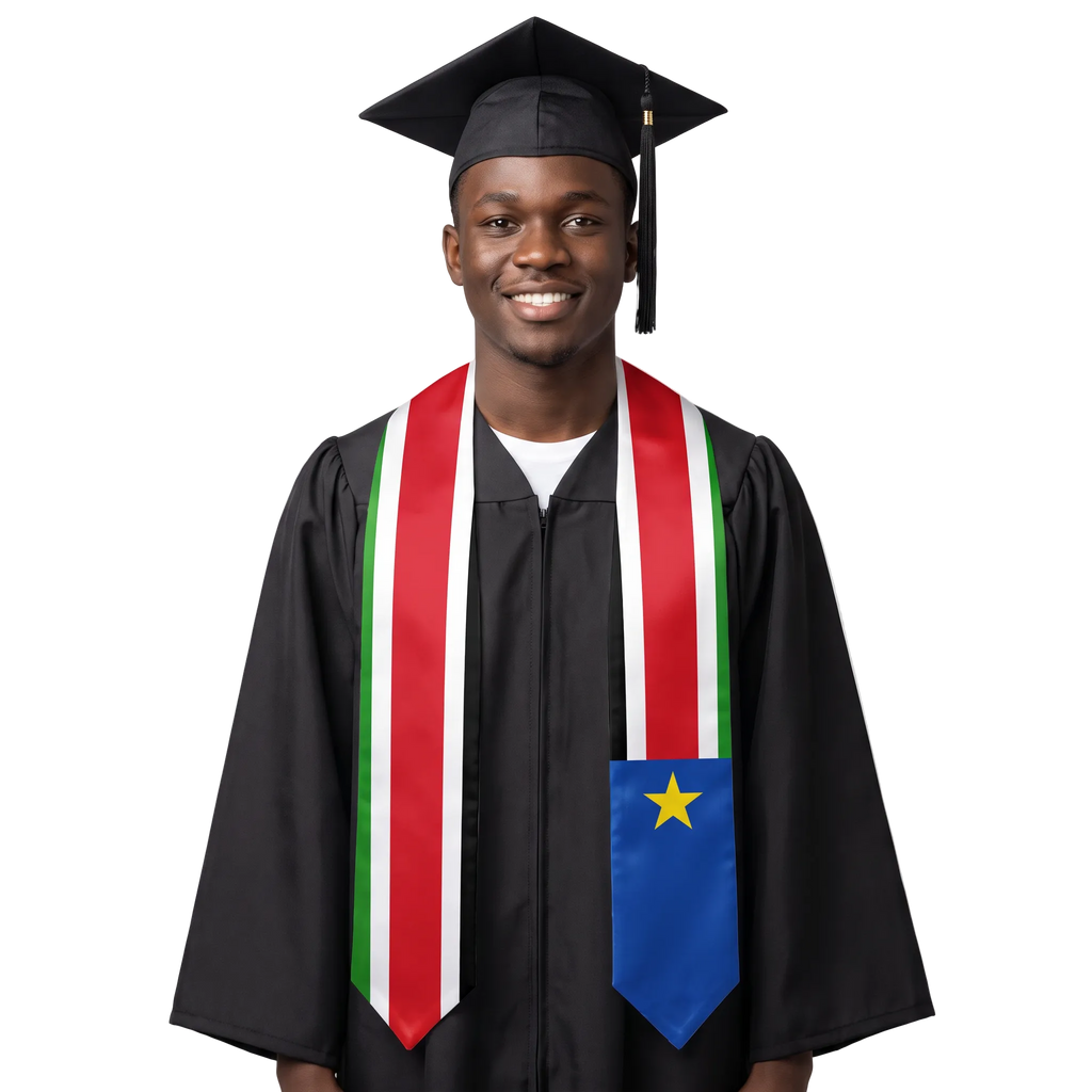 South Sudan graduation stole, white satin sash with embroidered South Sudan flag patch
