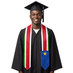 South Sudan graduation stole, white satin sash with embroidered South Sudan flag patch
