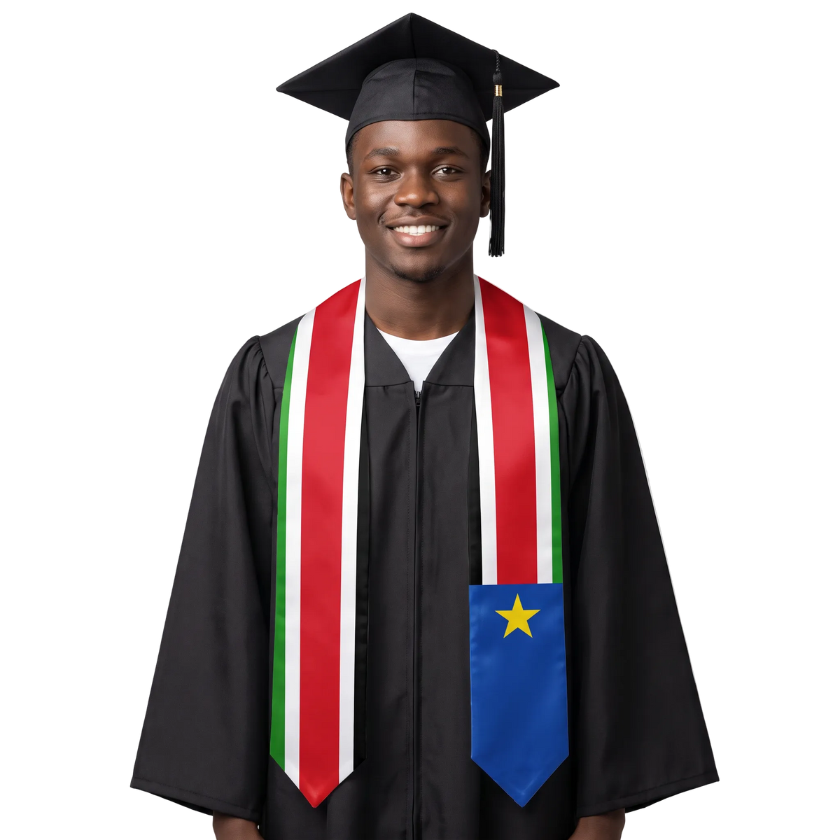 South Sudan graduation stole, white satin sash with embroidered South Sudan flag patch
