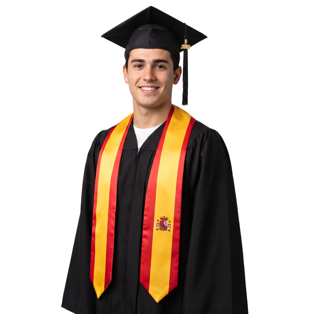 Spain flag graduation stole, satin sash with printed Spanish flag
