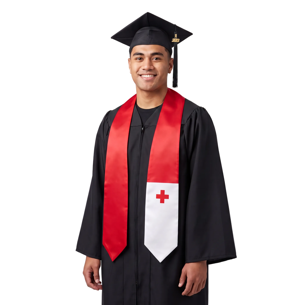 Tonga graduation stole, white satin sash with embroidered Tonga flag patch

