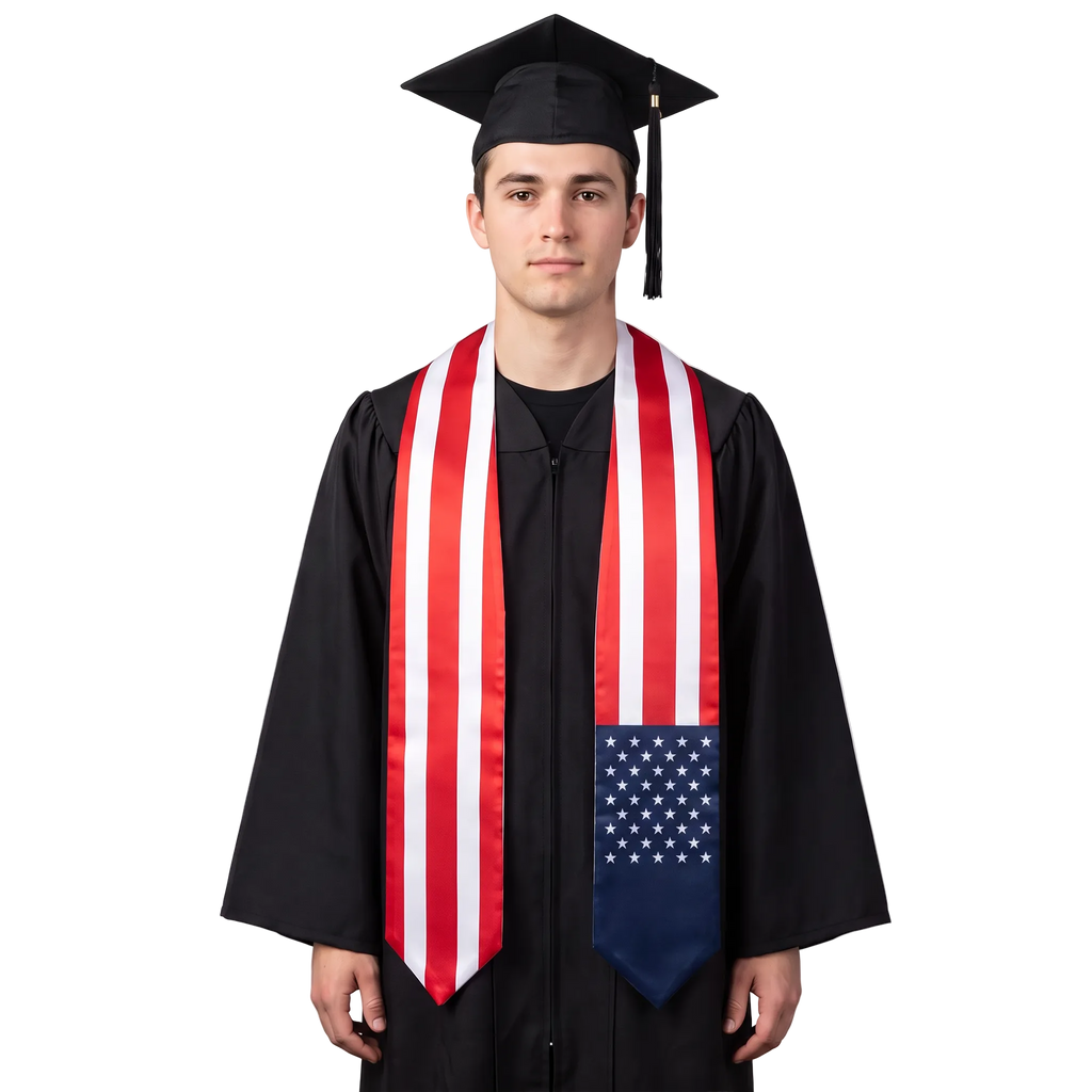 USA flag graduation stole, satin sash with printed American flag

