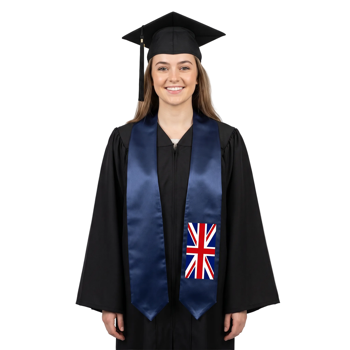 United Kingdom flag graduation stole, satin sash with printed Union Jack
