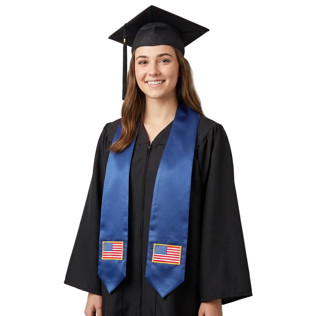 USA graduation stole, white satin sash with embroidered American flag patch
