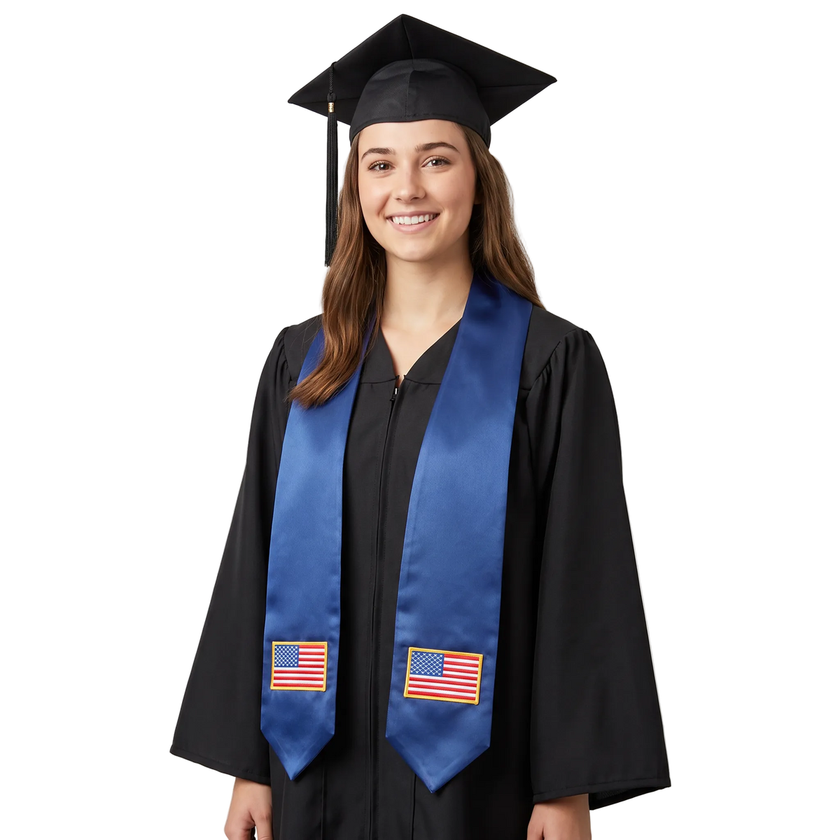 USA graduation stole, white satin sash with embroidered American flag patch
