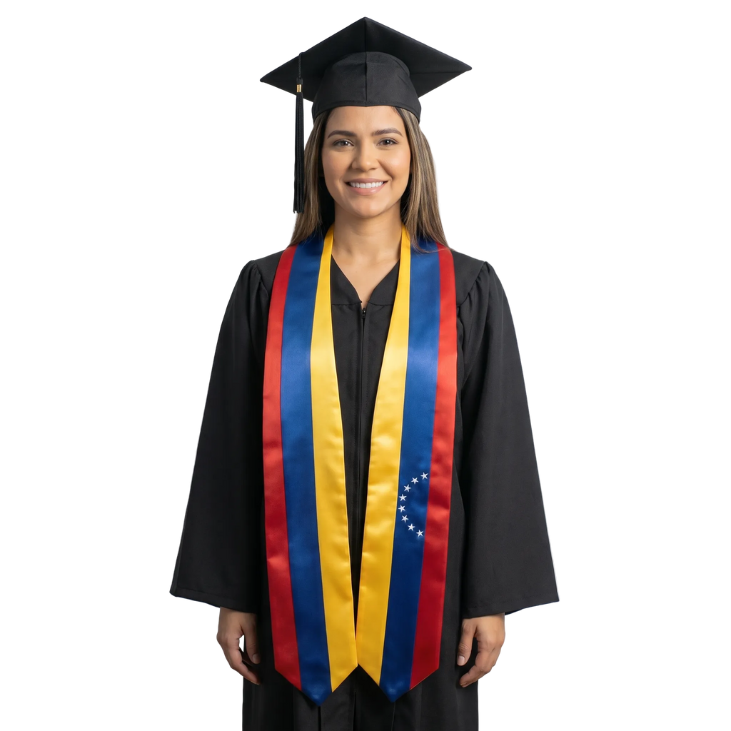 Venezuela graduation stole, white satin sash with embroidered Venezuela flag patch
