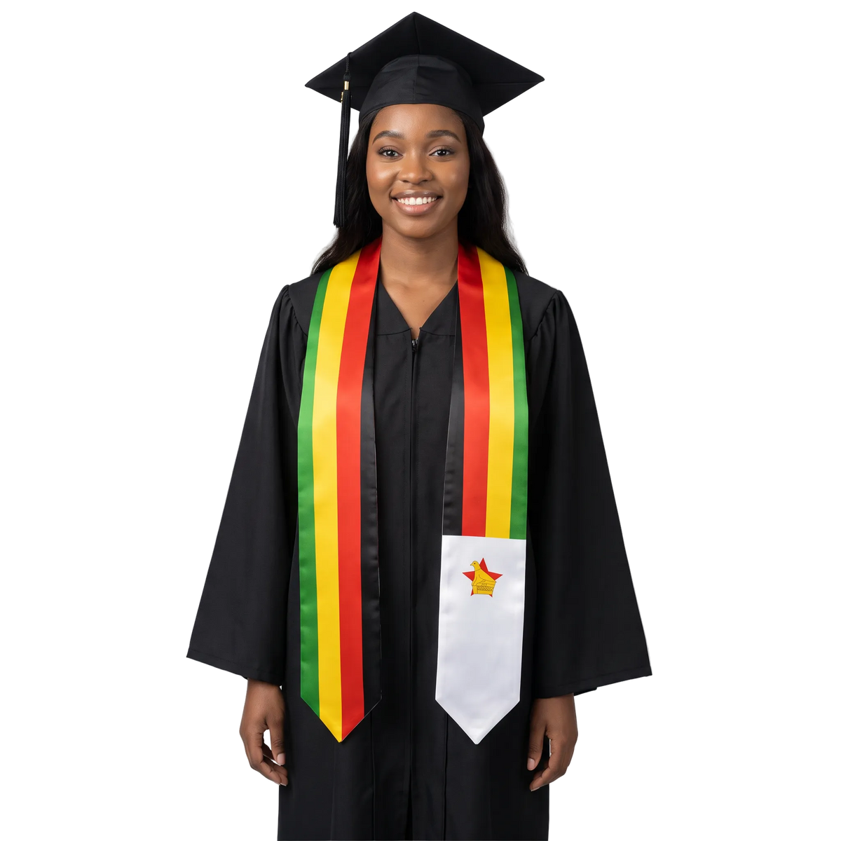 Zimbabwe graduation stole, white satin sash with embroidered Zimbabwe flag patch
